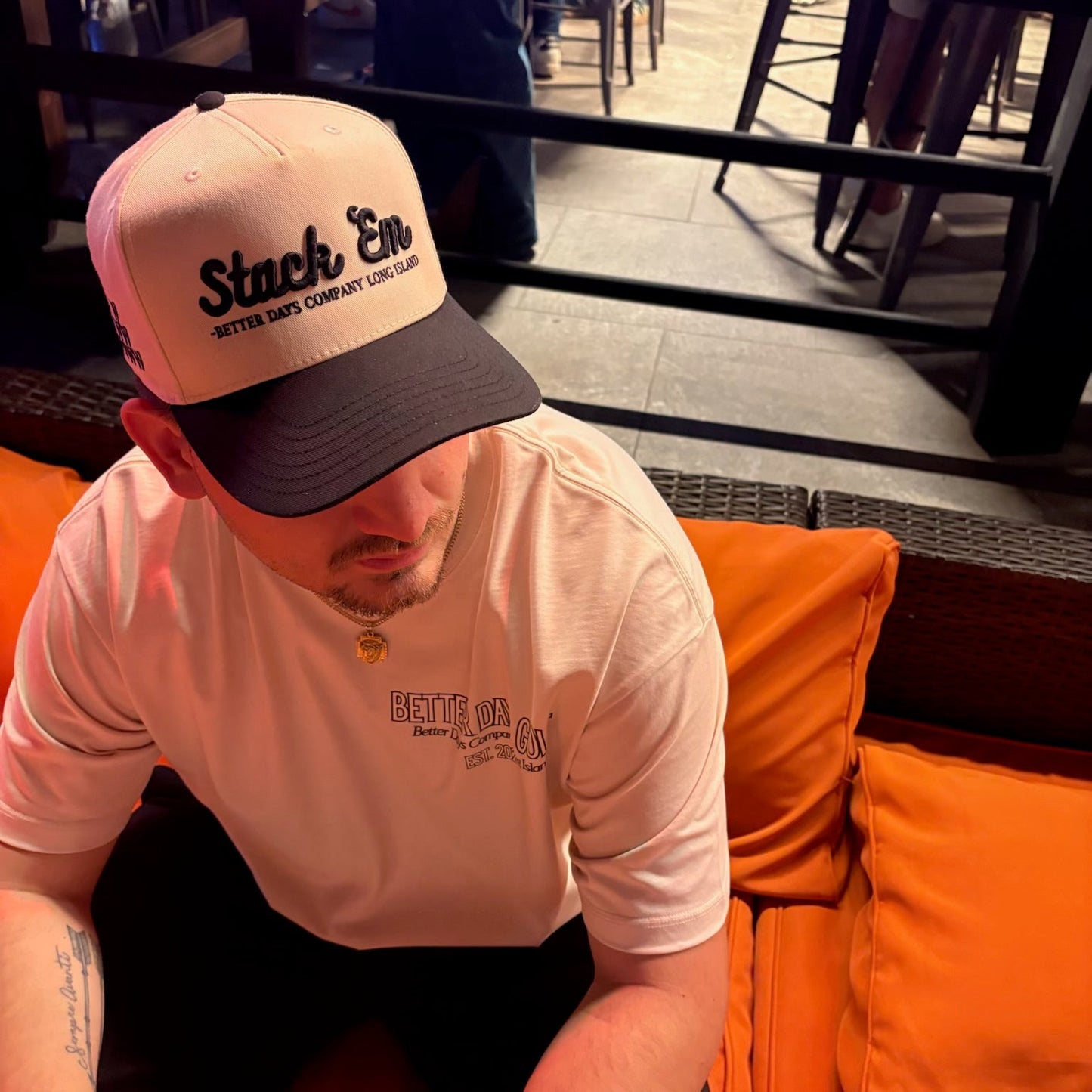 Two-tone Stack 'Em W Hat by Better Days Company Long Island, featuring a stylish, casual hat with contrasting colors and branding details.